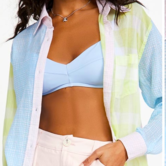 New Solid & Striped x Free People Oxford Med Pink Blue Plaid Coverup Buttondown - Picture 16 of 16